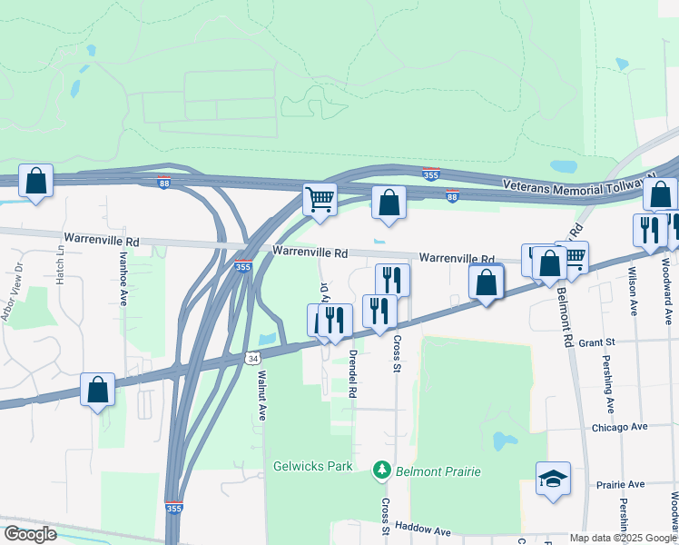map of restaurants, bars, coffee shops, grocery stores, and more near 2651 Warrenville Road in Downers Grove