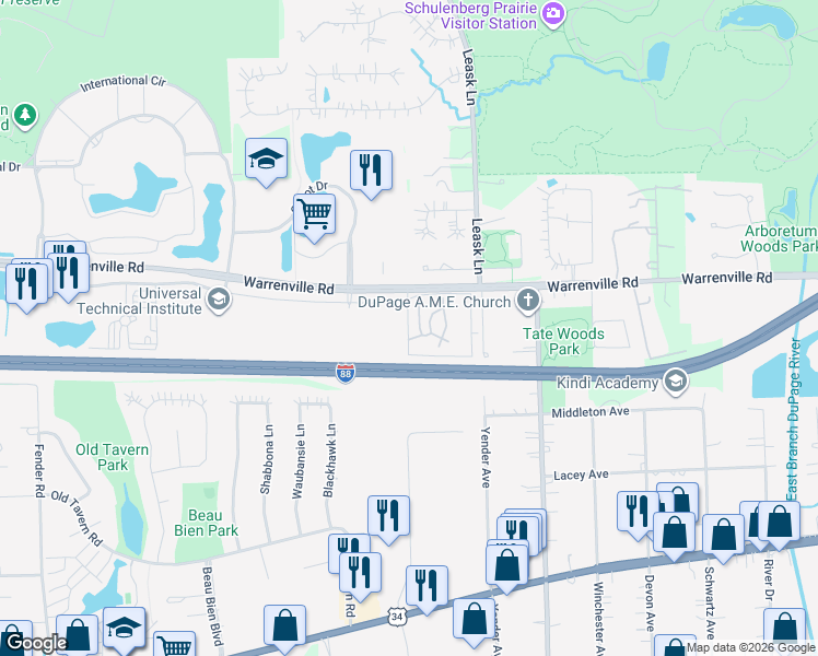 map of restaurants, bars, coffee shops, grocery stores, and more near Azalea Drive in Lisle