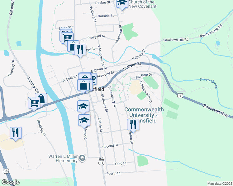 map of restaurants, bars, coffee shops, grocery stores, and more near 38 South Academy Street in Mansfield