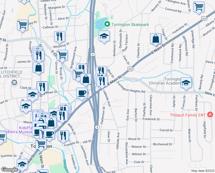 map of restaurants, bars, coffee shops, grocery stores, and more near 19 Hillside Avenue in Torrington