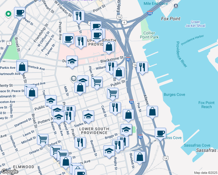 map of restaurants, bars, coffee shops, grocery stores, and more near 787 Eddy Street in Providence