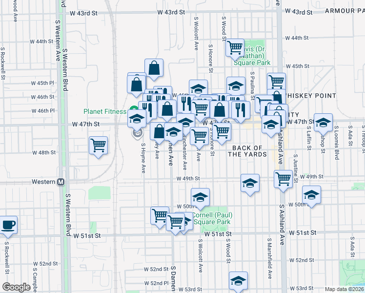 map of restaurants, bars, coffee shops, grocery stores, and more near 1954 West 48th Street in Chicago