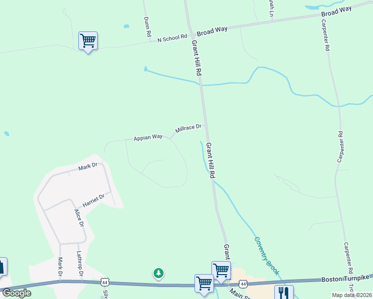 map of restaurants, bars, coffee shops, grocery stores, and more near 233 Grant Hill Road in Coventry