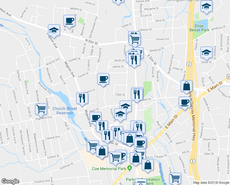 map of restaurants, bars, coffee shops, grocery stores, and more near 58 Clark Street in Torrington
