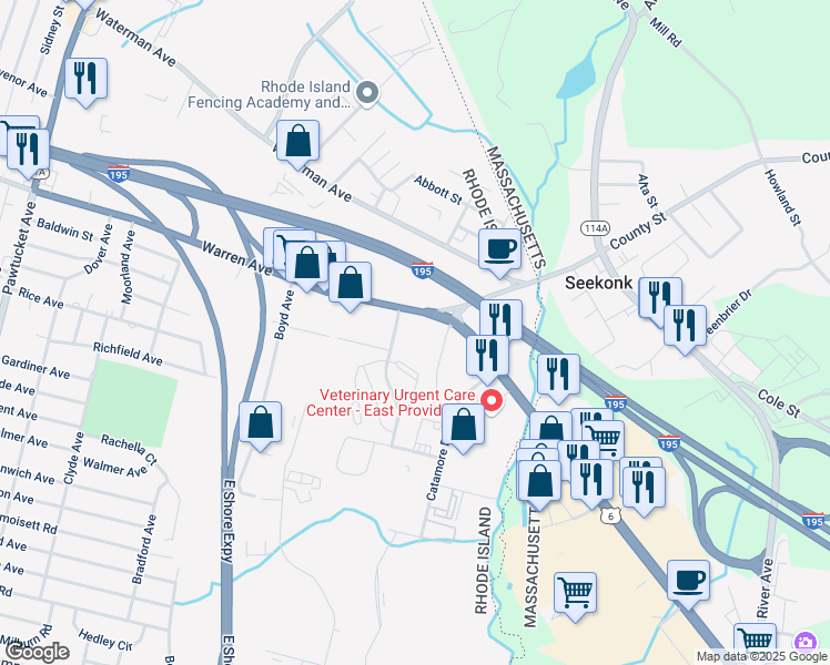 map of restaurants, bars, coffee shops, grocery stores, and more near 11 Evergreen Drive in East Providence