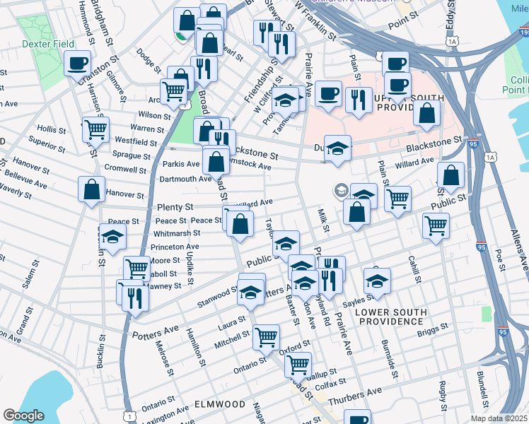 map of restaurants, bars, coffee shops, grocery stores, and more near 7 Marlborough Avenue in Providence