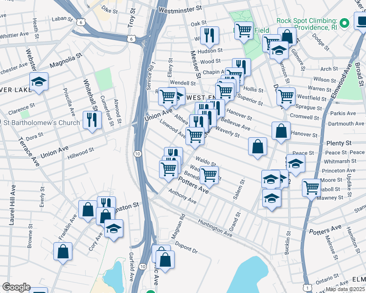 map of restaurants, bars, coffee shops, grocery stores, and more near 181 Wadsworth Street in Providence