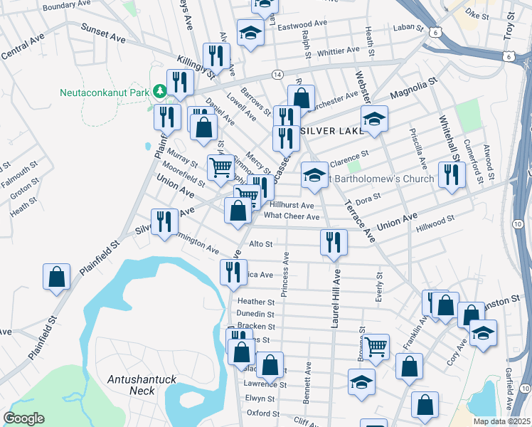 map of restaurants, bars, coffee shops, grocery stores, and more near 521 Union Avenue in Providence