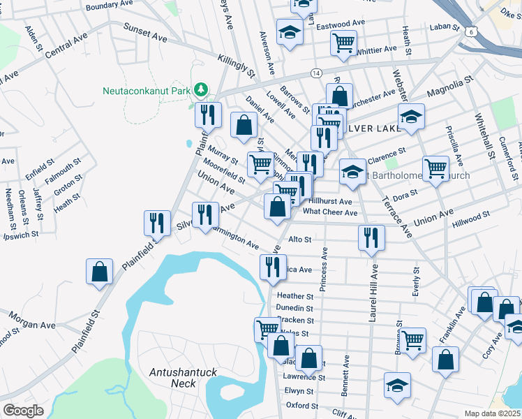 map of restaurants, bars, coffee shops, grocery stores, and more near 588R Union Avenue in Providence