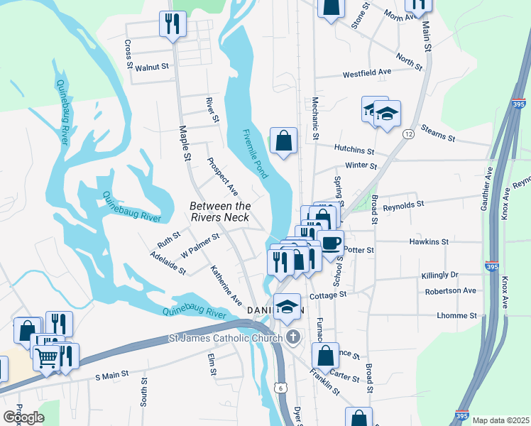 map of restaurants, bars, coffee shops, grocery stores, and more near 10 Prospect Avenue in Killingly