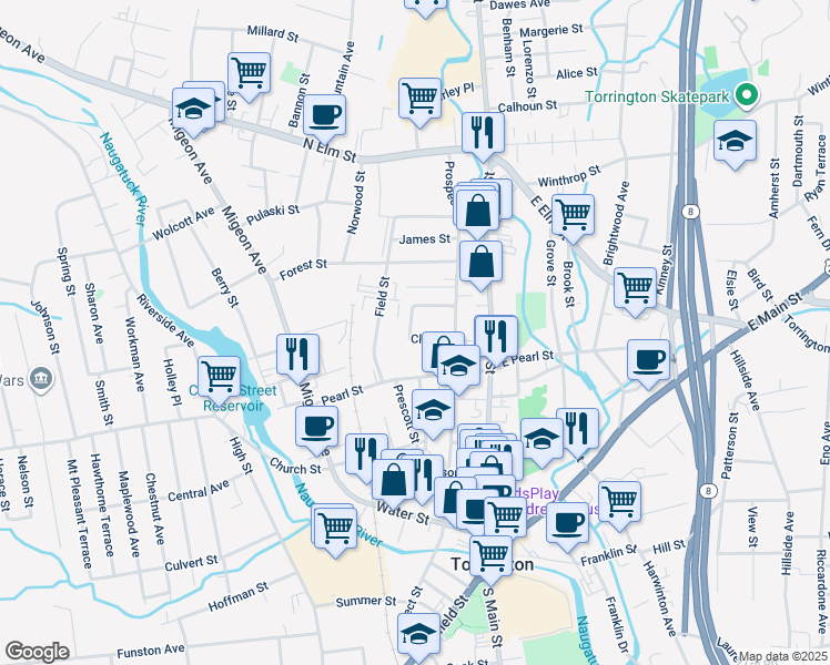 map of restaurants, bars, coffee shops, grocery stores, and more near 31 Clark Street in Torrington