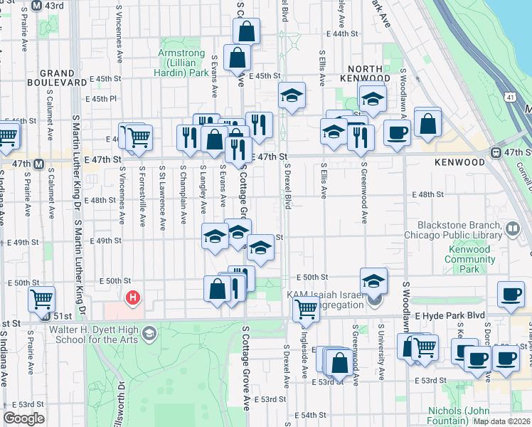 map of restaurants, bars, coffee shops, grocery stores, and more near 4834 South Drexel Boulevard in Chicago