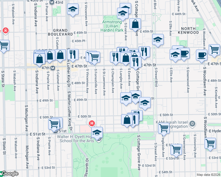 map of restaurants, bars, coffee shops, grocery stores, and more near 4836 South Champlain Avenue in Chicago