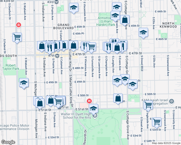 map of restaurants, bars, coffee shops, grocery stores, and more near 4839 South Vincennes Avenue in Chicago