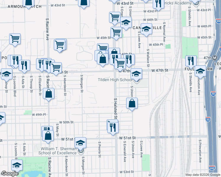 map of restaurants, bars, coffee shops, grocery stores, and more near 4806 South Halsted Street in Chicago