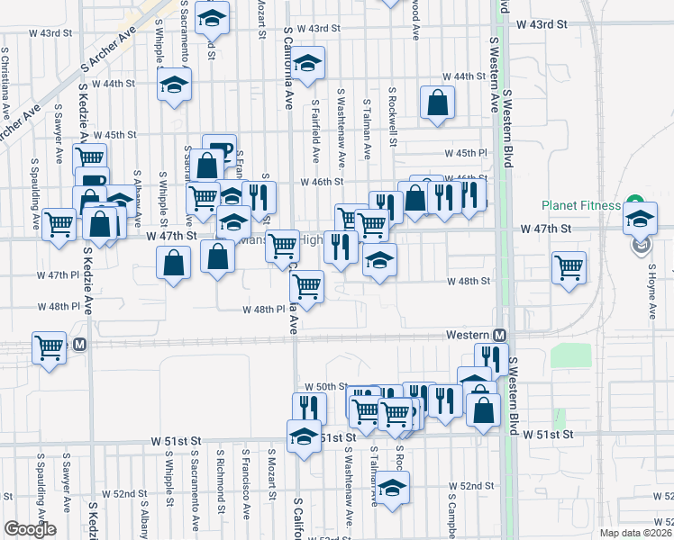 map of restaurants, bars, coffee shops, grocery stores, and more near 2655 West 48th Street in Chicago