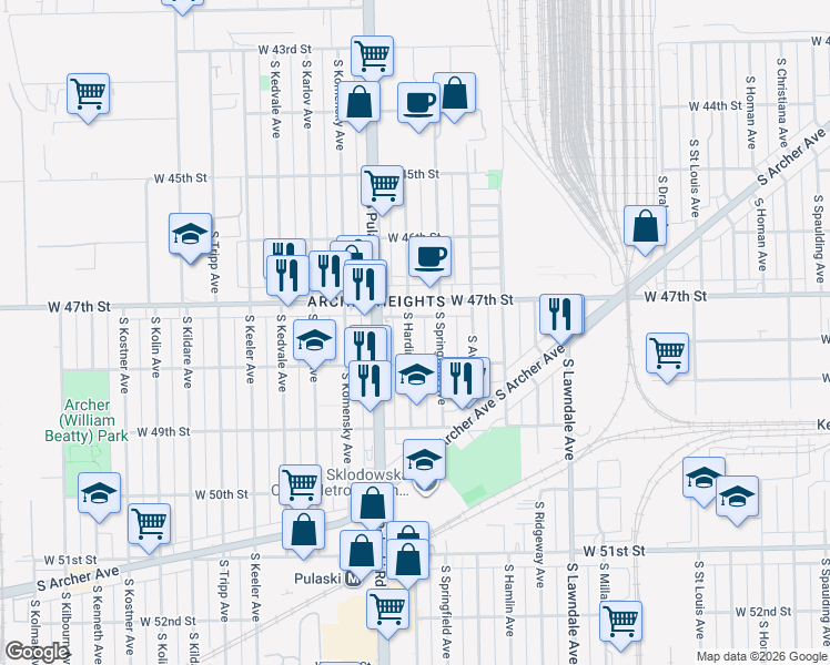 map of restaurants, bars, coffee shops, grocery stores, and more near 4748 South Springfield Avenue in Chicago