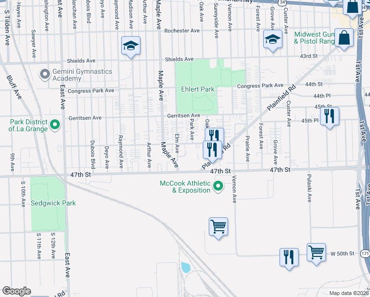 map of restaurants, bars, coffee shops, grocery stores, and more near 4615 Elm Avenue in Brookfield