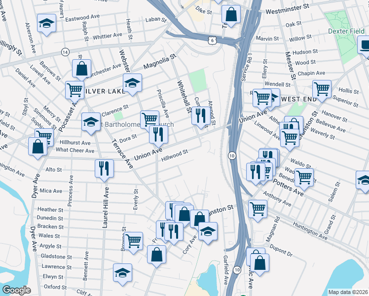 map of restaurants, bars, coffee shops, grocery stores, and more near 48 Hillwood Street in Cranston