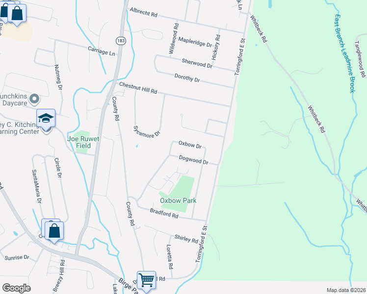 map of restaurants, bars, coffee shops, grocery stores, and more near 262 Oxbow Drive in Torrington