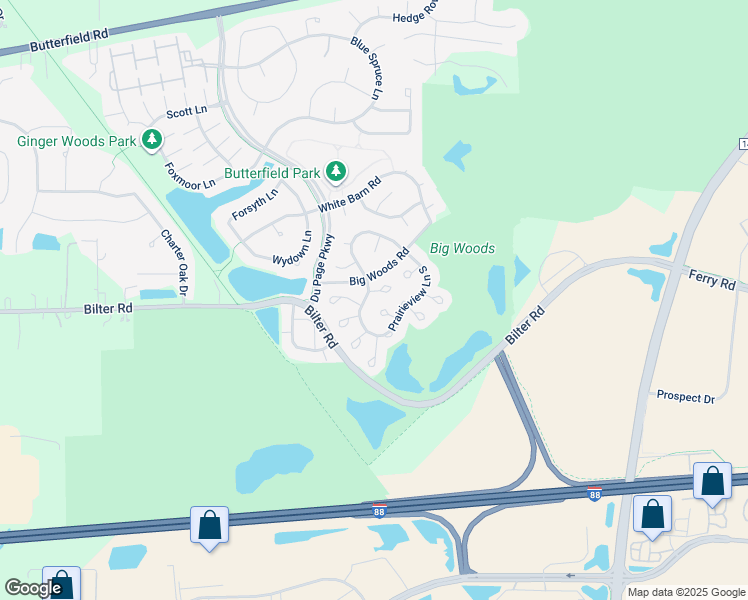 map of restaurants, bars, coffee shops, grocery stores, and more near 2551 Prairieview Lane in Aurora