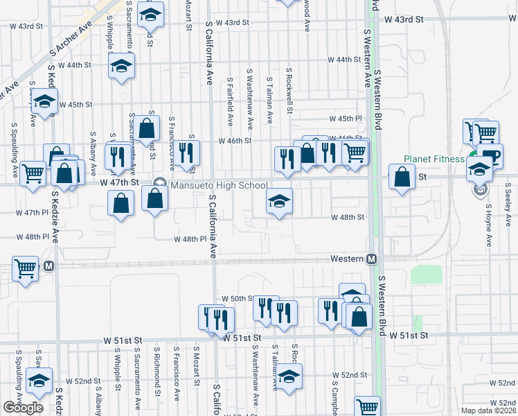 map of restaurants, bars, coffee shops, grocery stores, and more near 2655 West 48th Street in Chicago