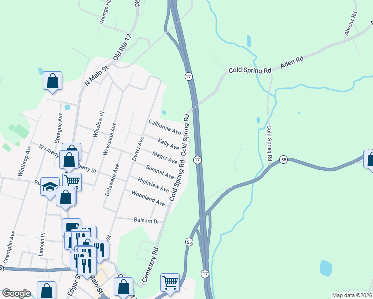 map of restaurants, bars, coffee shops, grocery stores, and more near 83 Cold Spring Road in Liberty