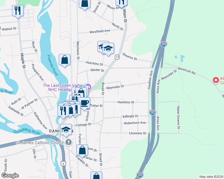 map of restaurants, bars, coffee shops, grocery stores, and more near 55 Reynolds Street in Killingly