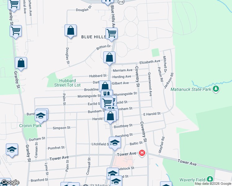 map of restaurants, bars, coffee shops, grocery stores, and more near 23 East Morningside Street in Hartford