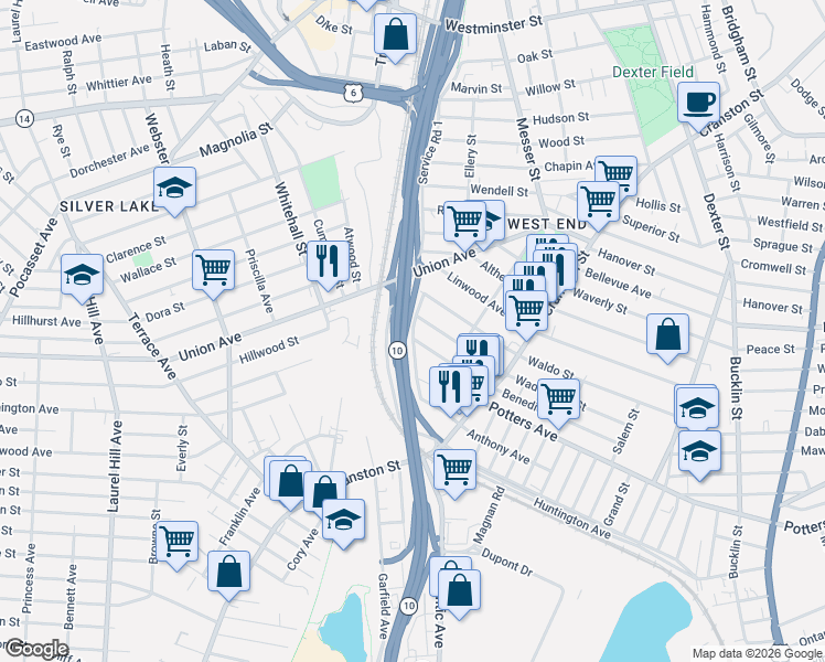 map of restaurants, bars, coffee shops, grocery stores, and more near 204 Benedict Street in Providence