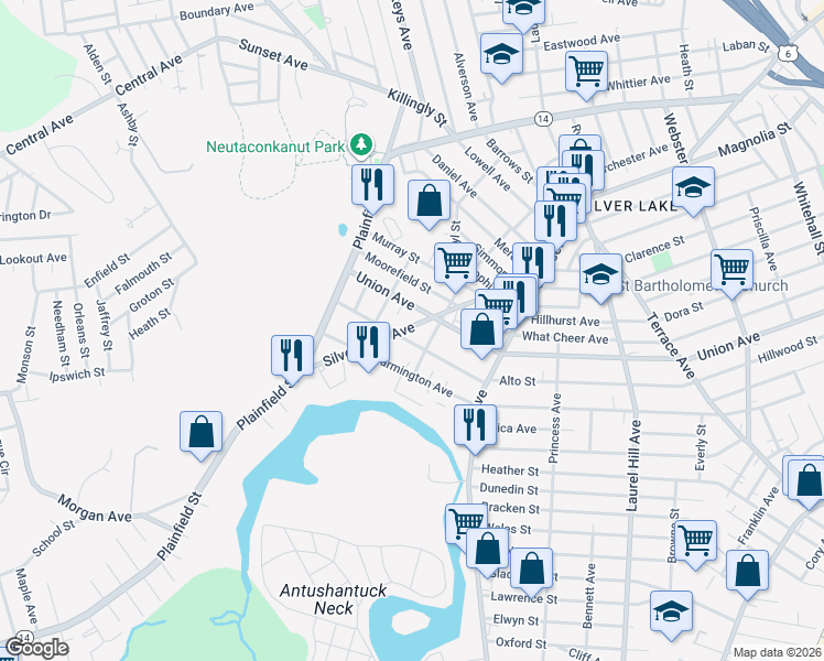 map of restaurants, bars, coffee shops, grocery stores, and more near 108 Prudence Avenue in Providence