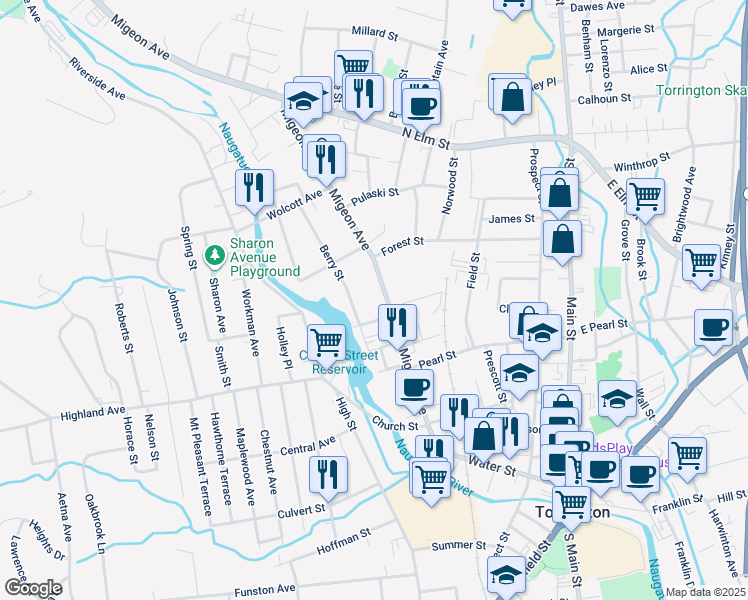 map of restaurants, bars, coffee shops, grocery stores, and more near 16 Norfolk Street in Torrington