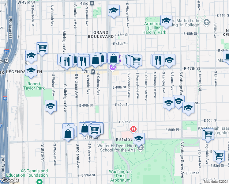 map of restaurants, bars, coffee shops, grocery stores, and more near 4835 South Doctor Martin Luther King Junior Drive in Chicago
