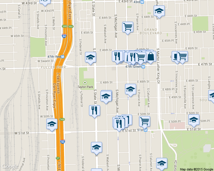map of restaurants, bars, coffee shops, grocery stores, and more near 4821 South Wabash Avenue in Chicago