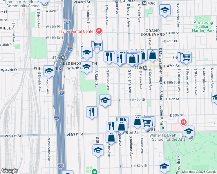 map of restaurants, bars, coffee shops, grocery stores, and more near 4821 South Wabash Avenue in Chicago