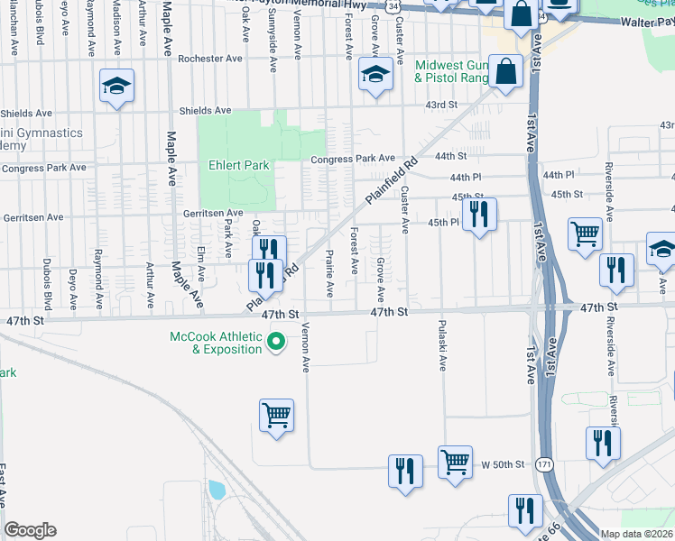 map of restaurants, bars, coffee shops, grocery stores, and more near 4620 Forest Avenue in Brookfield