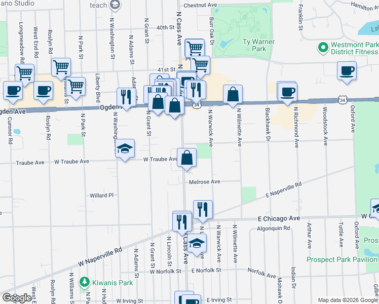 map of restaurants, bars, coffee shops, grocery stores, and more near 417 North Cass Avenue in Westmont