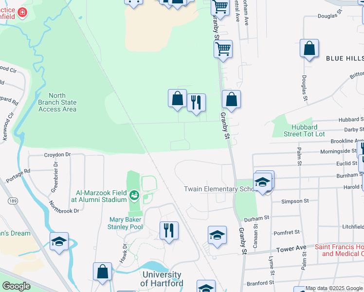 map of restaurants, bars, coffee shops, grocery stores, and more near 31 Tobey Road in Bloomfield