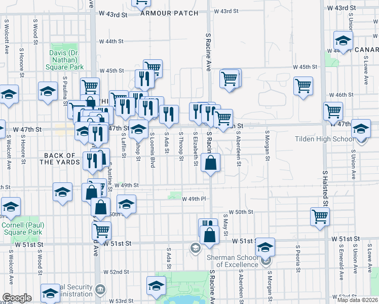 map of restaurants, bars, coffee shops, grocery stores, and more near 4807 South Throop Street in Chicago
