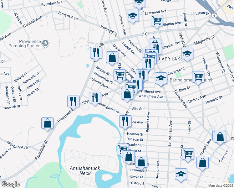 map of restaurants, bars, coffee shops, grocery stores, and more near 108 Prudence Avenue in Providence