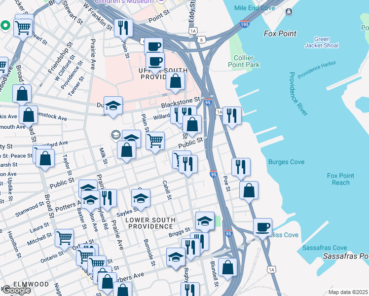 map of restaurants, bars, coffee shops, grocery stores, and more near 787 Eddy Street in Providence