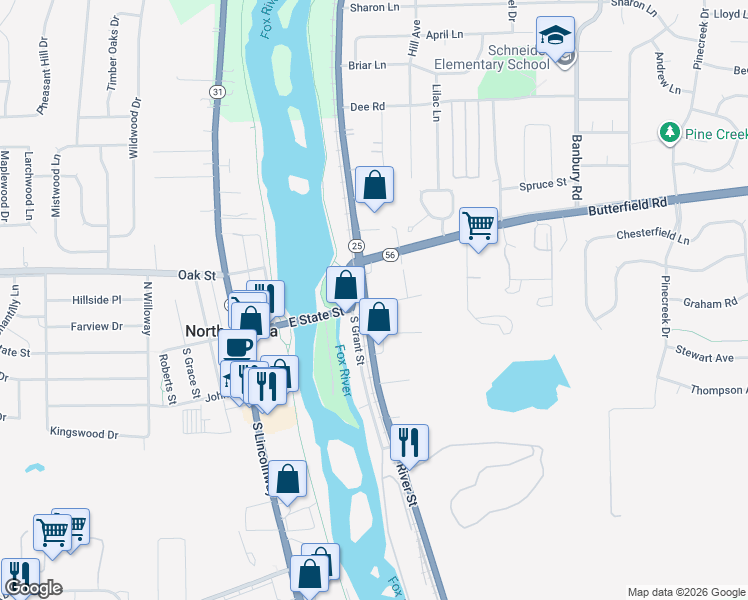 map of restaurants, bars, coffee shops, grocery stores, and more near 1 South River Road in North Aurora