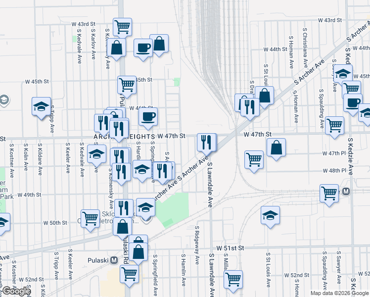 map of restaurants, bars, coffee shops, grocery stores, and more near 4751 South Hamlin Avenue in Chicago