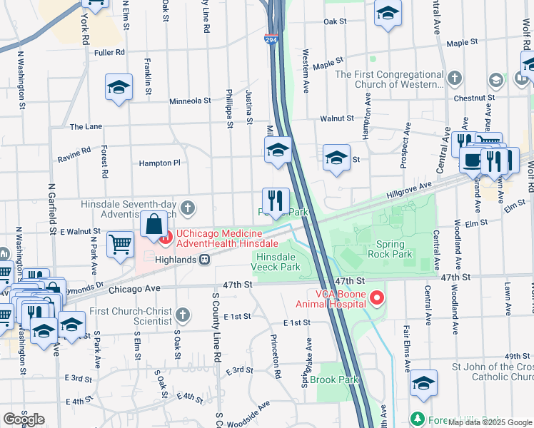 map of restaurants, bars, coffee shops, grocery stores, and more near 212 Mills Street in Hinsdale