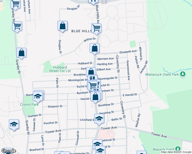 map of restaurants, bars, coffee shops, grocery stores, and more near 23 East Morningside Street in Hartford