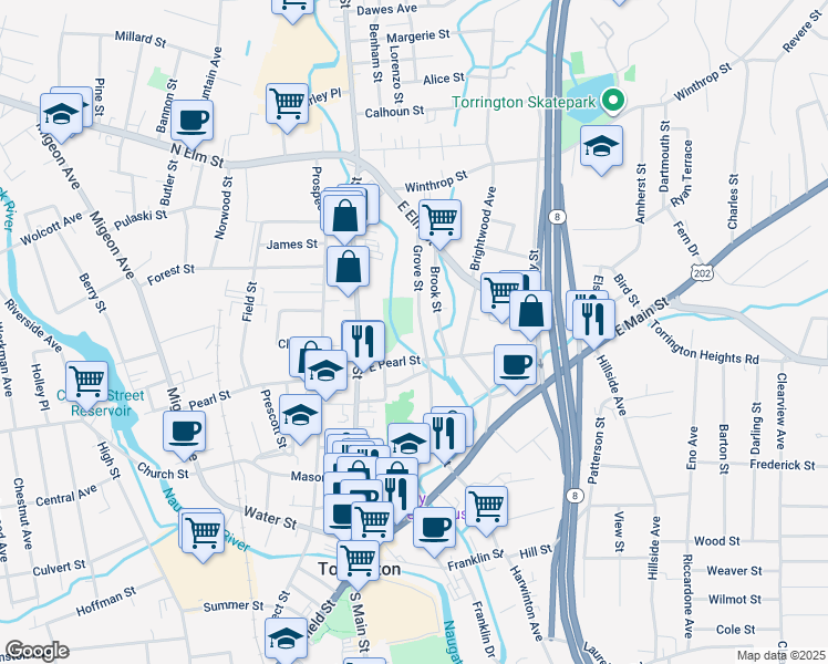 map of restaurants, bars, coffee shops, grocery stores, and more near 37 Grove Street in Torrington
