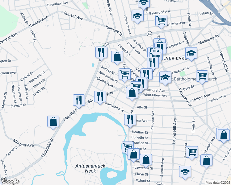 map of restaurants, bars, coffee shops, grocery stores, and more near 108 Prudence Avenue in Providence