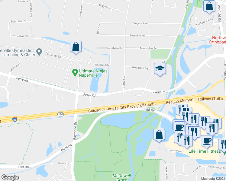 map of restaurants, bars, coffee shops, grocery stores, and more near 28W680 Ferry Road in Warrenville