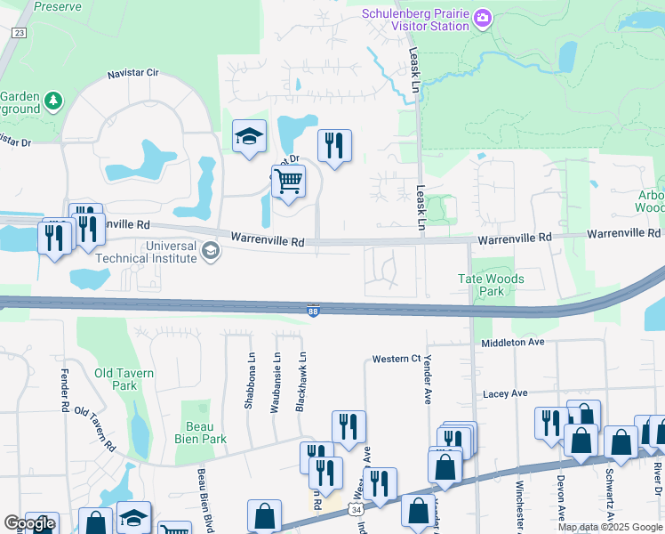map of restaurants, bars, coffee shops, grocery stores, and more near 2441 Warrenville Road in Lisle