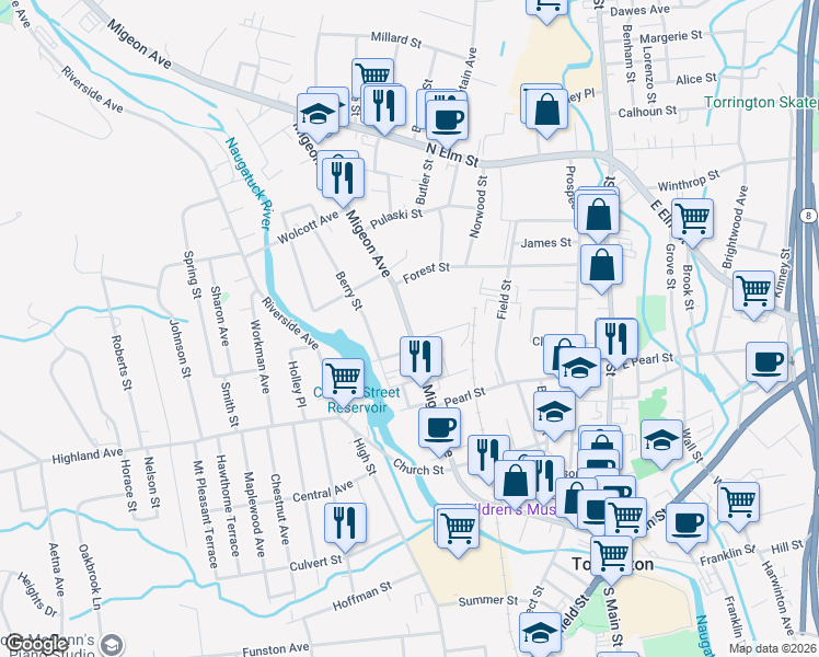 map of restaurants, bars, coffee shops, grocery stores, and more near 16 Norfolk Street in Torrington